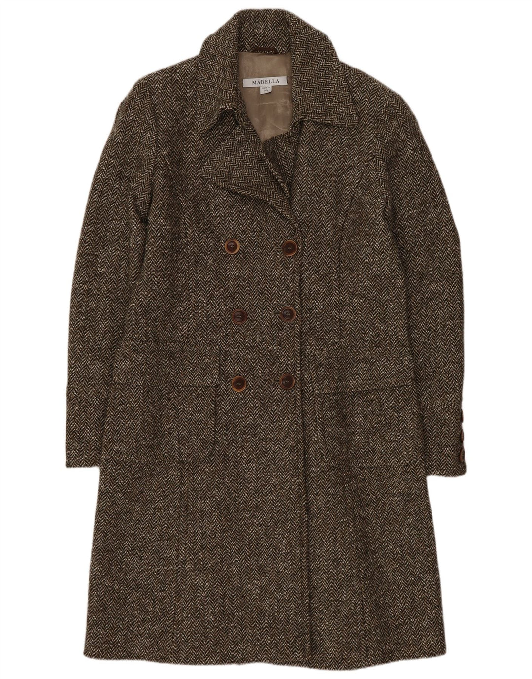Cappotto doppiopetto da donna Marella UK 12 Lana a spina di pesce marrone medio