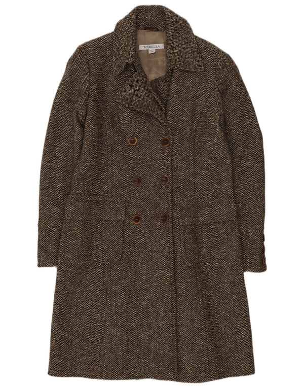 Marella Womens Double Breasted Coat UK 12 Medium Brown Herringbone Wool