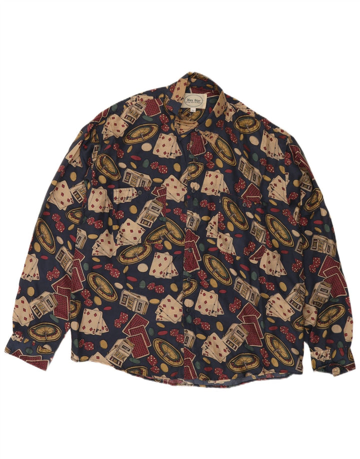 Camicia grafica da uomo vintage XL in seta blu navy