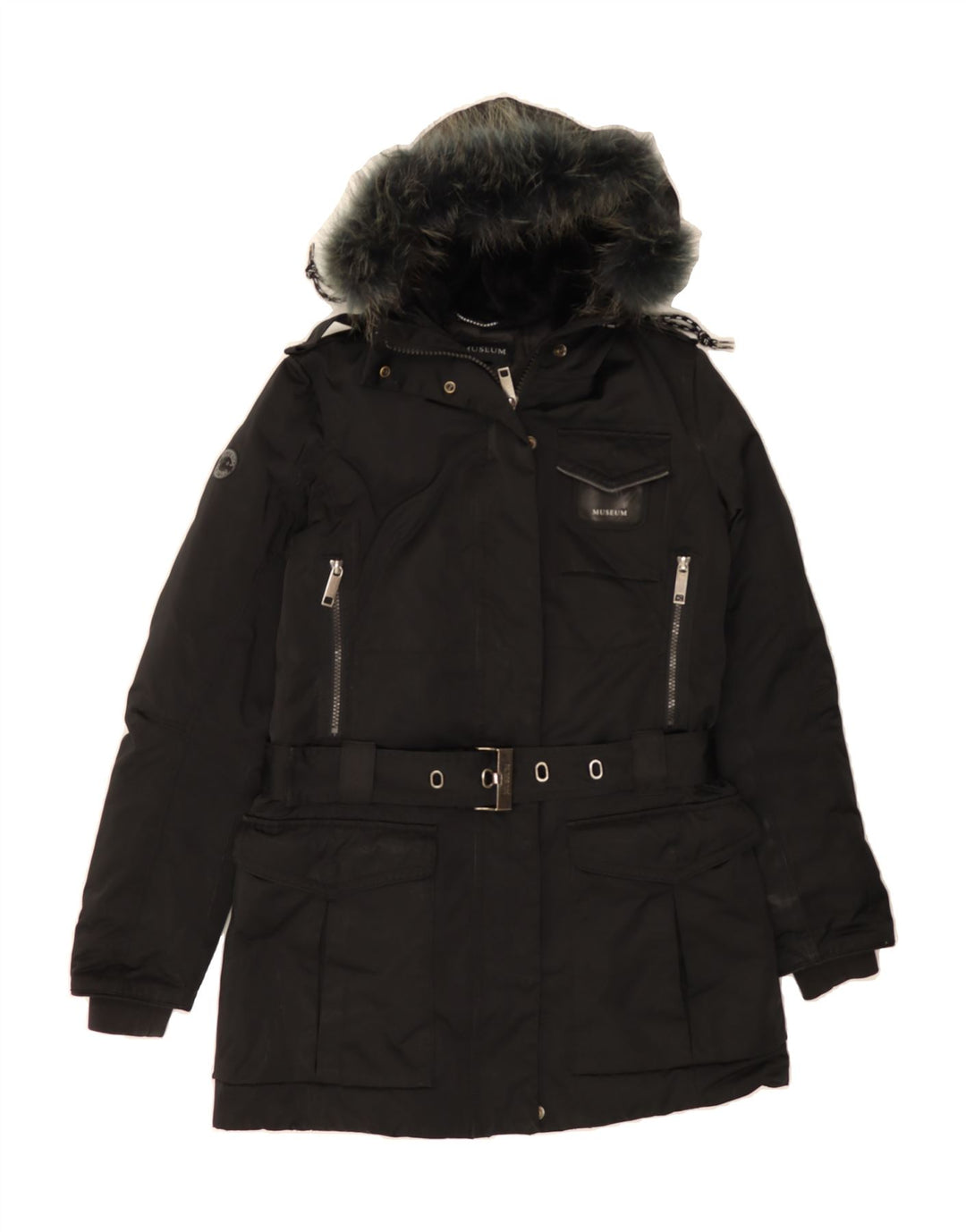 MUSEUM Womens Hooded Padded Coat UK 10 Small Black Polyester Vintage Museum and Second-Hand Museum from Messina Hembry 