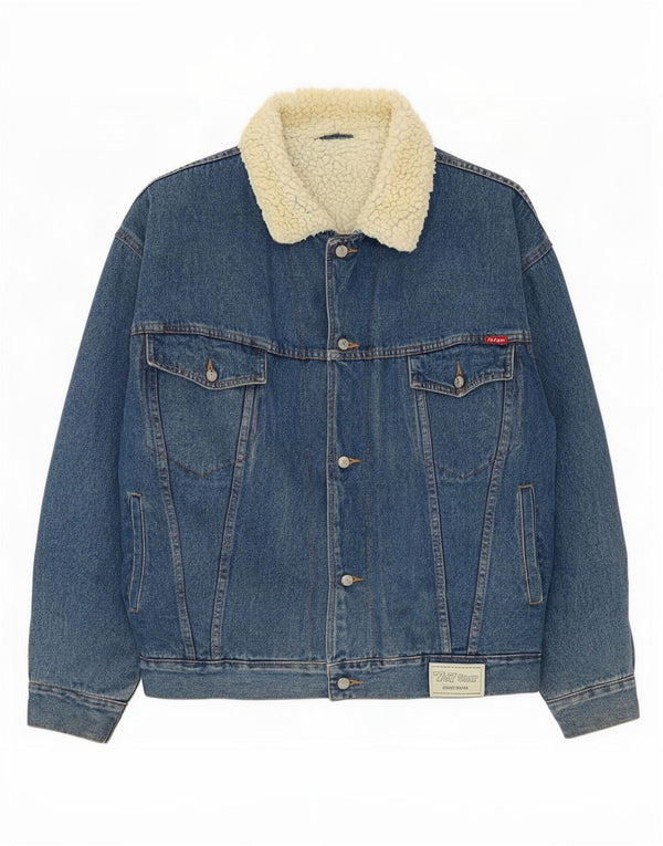 Giacca in denim Sherpa vintage da uomo vestibilità ampia UK 38 Cotone blu medio