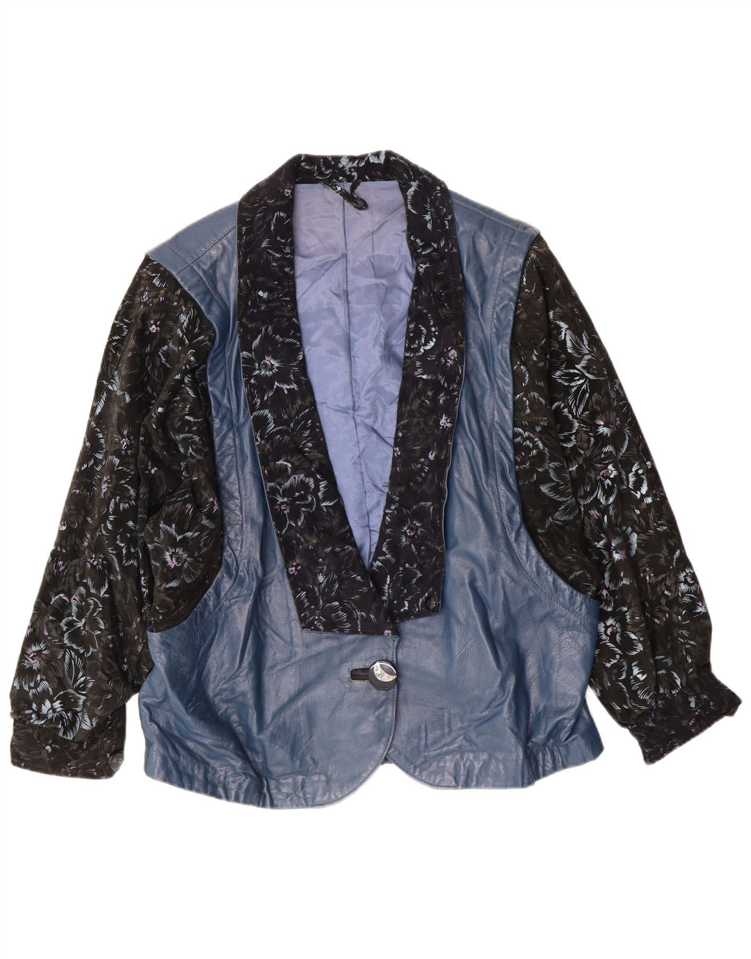 Giacca in pelle vintage da donna UK 14 grande retrò floreale blu