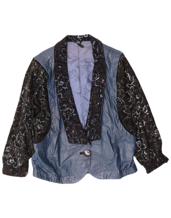 Giacca in pelle vintage da donna UK 14 grande retrò floreale blu