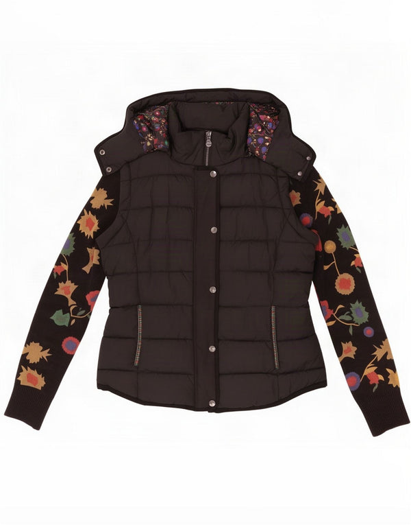Desigual Giacca imbottita con cappuccio da donna EU 42 Large Black Floral Cotton