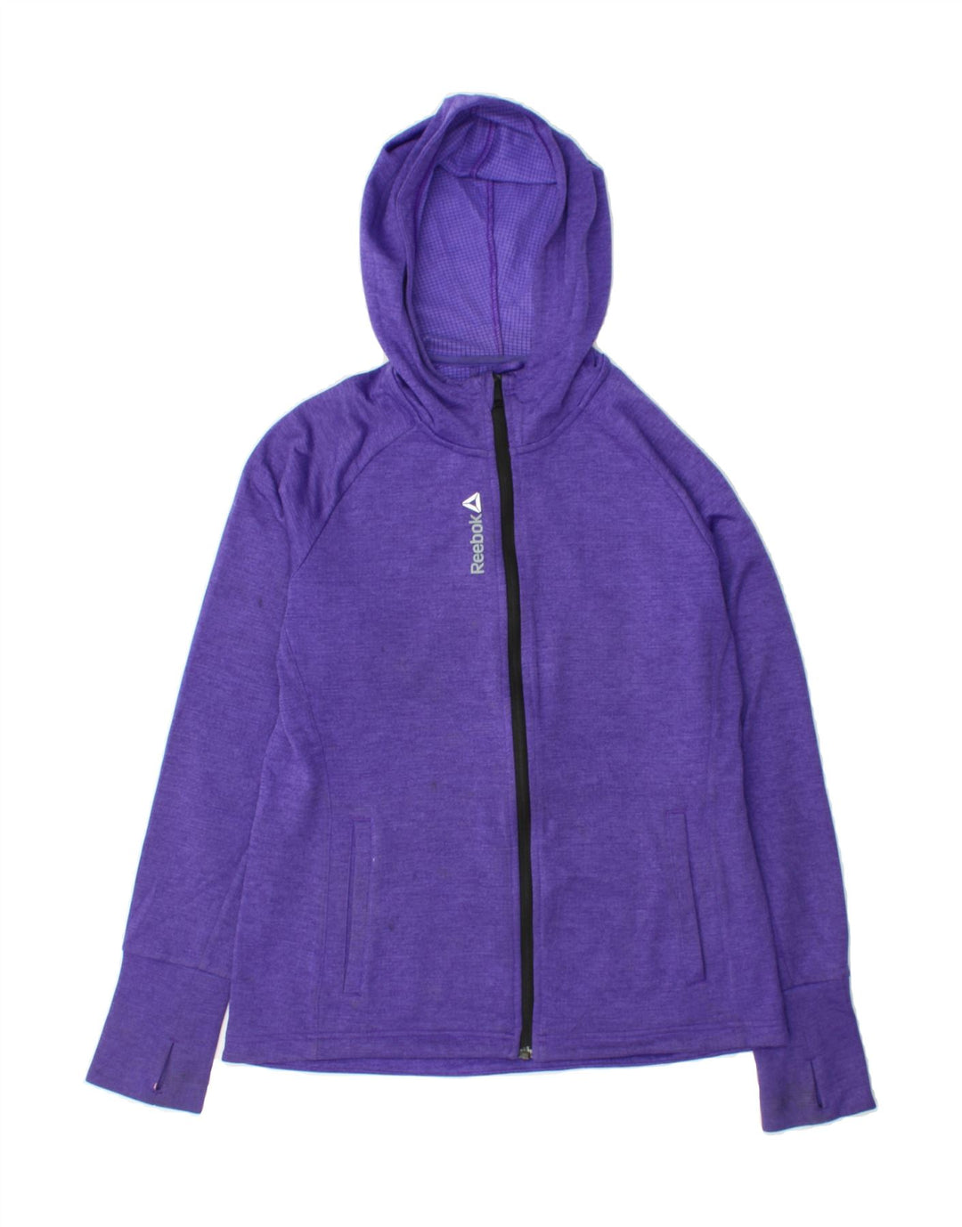 REEBOK Womens Zip Hoodie Sweater UK 12/14 Medium Purple Polyester Vintage Reebok and Second-Hand Reebok from Messina Hembry 