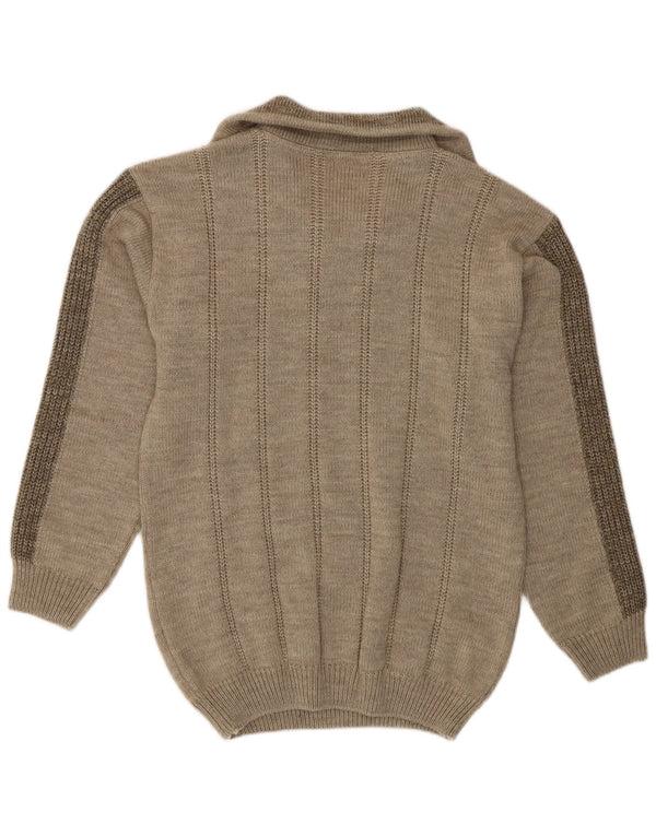 Maglione vintage da uomo con collo con zip UK 38 Poliacrilico chiazzato color kaki medio
