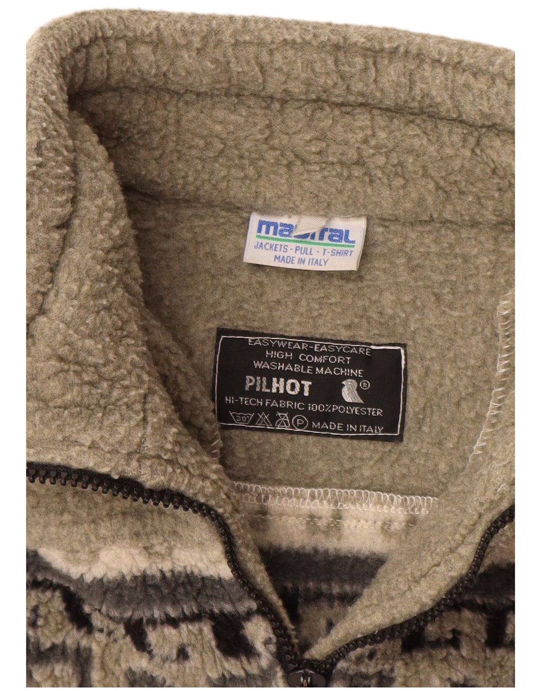 Maglione in pile da donna VINTAGE con zip e collo UK 16 Large Beige Fair Isle