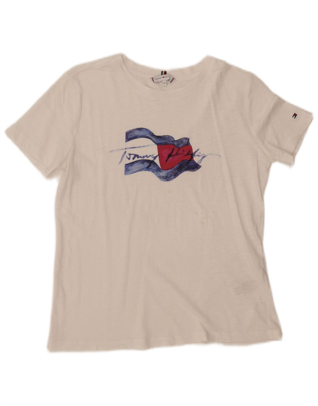 TOMMY HILFIGER T-shirt grafica da donna Top UK 6 XS cotone bianco