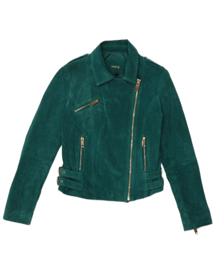 Giacca da motociclista in pelle scamosciata corta da donna Mango UK 6 XS in pelle verde