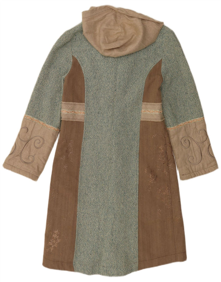 Cappotto vintage da donna con cappuccio UK 10 piccolo color block marrone