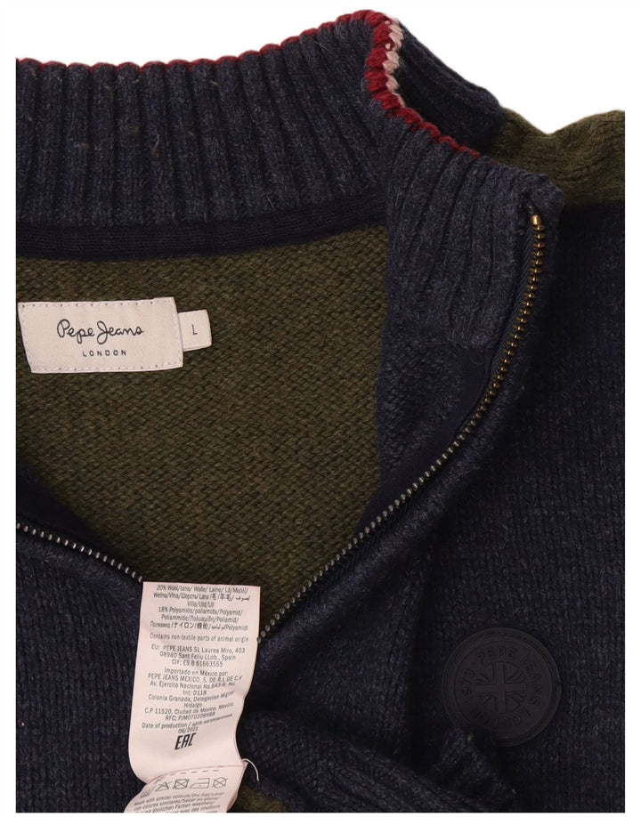 PEPE Jeans Maglione da uomo con zip e collo grande in lana color block blu navy