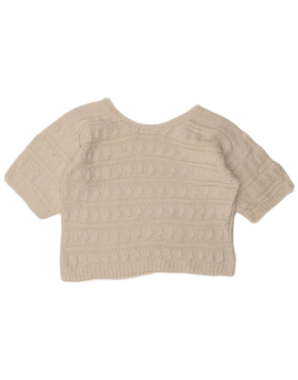 Maglione da donna vintage a maniche corte con scollo a barca UK 14 Medio Bianco
