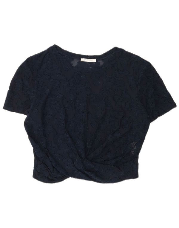 Top corto in camicetta di pizzo da donna Zara UK 14 grande poliestere floreale blu navy