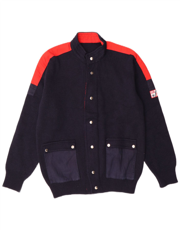 Maglione cardigan da uomo vintage IT 50 lana color block medio blu navy