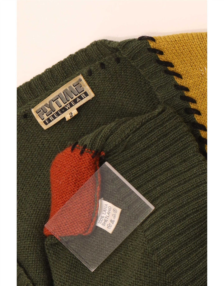 Maglione cardigan grafico da donna vintage UK 16 grande lana patchwork verde