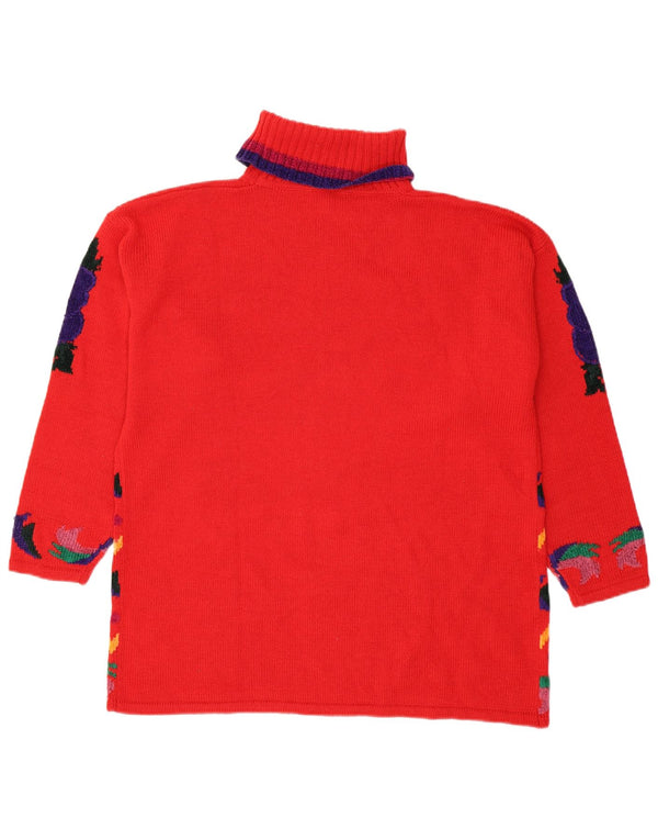 Maglione maglione vintage da donna con collo alto UK 18 XL rosso floreale in poliacrilico