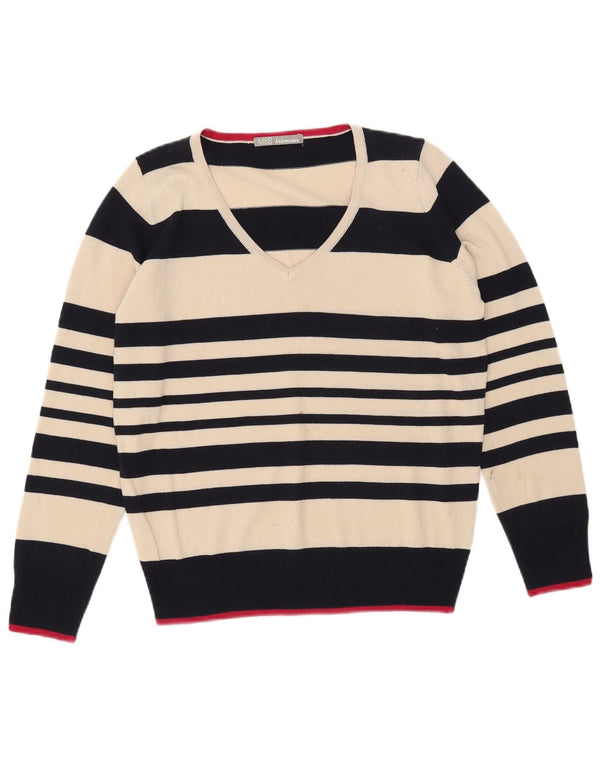Maglione maglione con scollo a V da donna Marks & Spencer UK 12 medio a righe bianco sporco