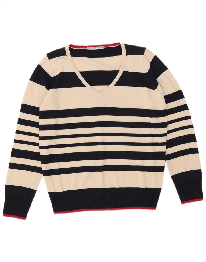 Maglione maglione con scollo a V da donna Marks & Spencer UK 12 medio a righe bianco sporco