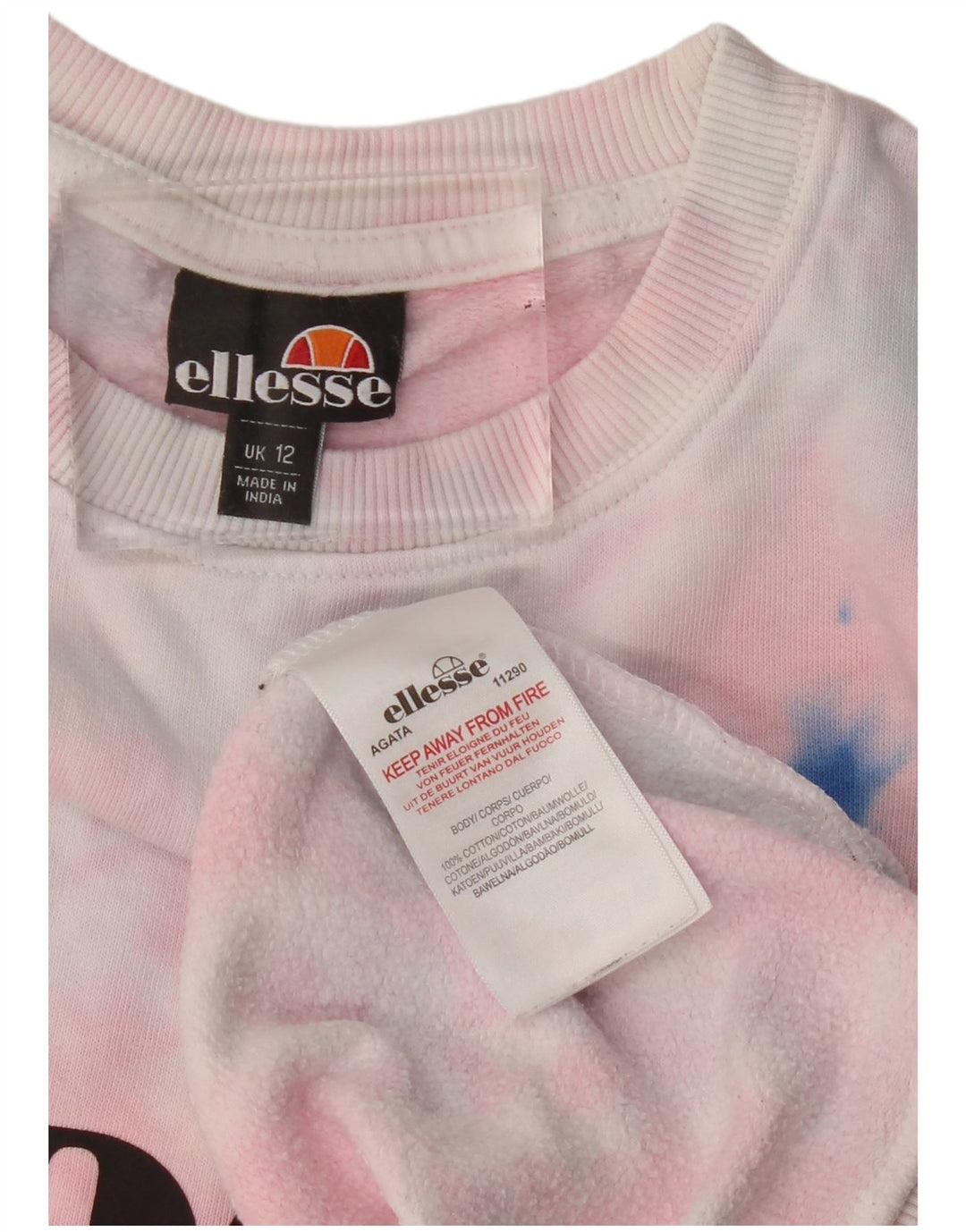 Felpa grafica da donna Ellesse, maglione UK 12, cotone tie dye, rosa medio