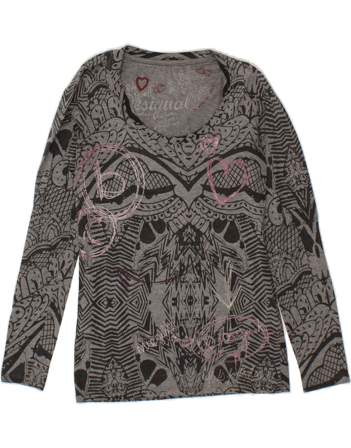 DESIGUAL Womens Abstract Pattern Graphic Top Long Sleeve UK 10 Small Grey Vintage Desigual and Second-Hand Desigual from Messina Hembry 