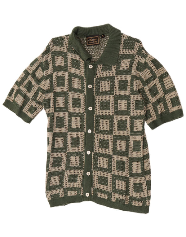 Maglione cardigan a maniche corte da uomo vintage in cotone geometrico verde medio