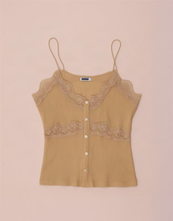 Zara Womens Crop Cami Top UK 8 Small Beige Floral Cotton