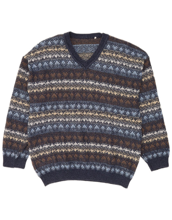 Vintage Womens V-Neck Jumper Sweater UK 18 XL Navy Blue Fair Isle Cotton