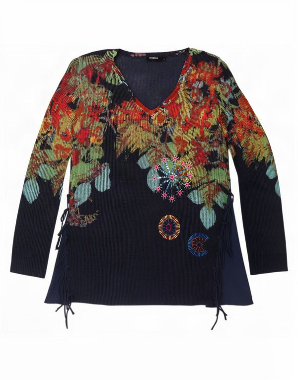 Desigual maglione da donna con scollo a V UK 14 grande blu navy floreale