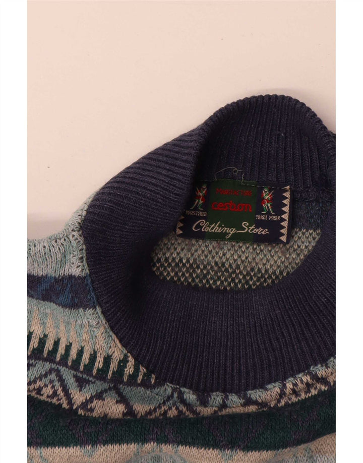 Maglione vintage da uomo con collo alto e maglione XL blu navy geometrico