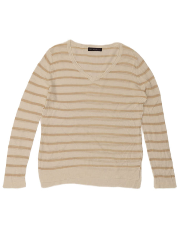 MARKS & SPENCER Maglione da donna con scollo a V UK 16 Grandi righe bianche
