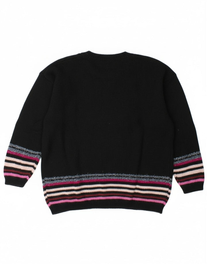 Maglione vintage da donna con collo con bottoni grafici e maglione UK 14 a righe nere grandi