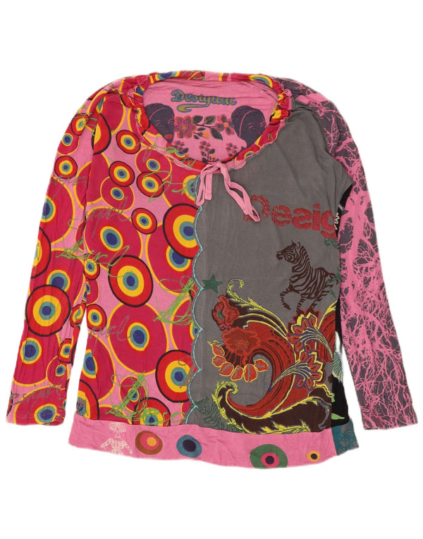 Desigual Donna Graphic Top Manica Lunga UK 16 Large Pink Geometric