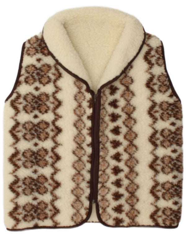 Gilet Sherpa vintage da donna IT 48 XL in lana Fair Isle bianco sporco