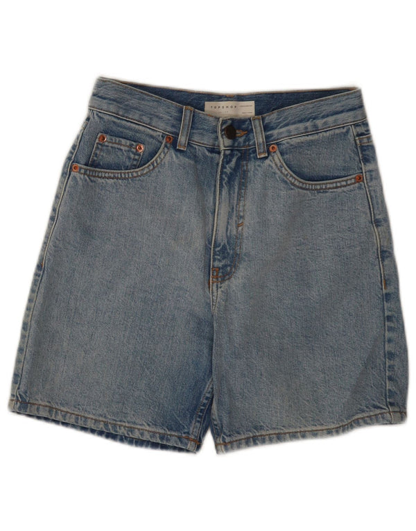 Topshop Pantaloncini di jeans a vita alta da editore da donna UK 8 piccoli W26 cotone blu