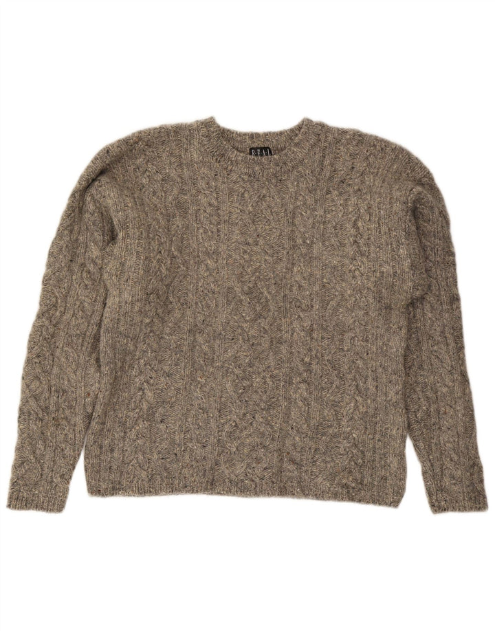 Maglione maglione girocollo da donna vintage UK 14 Lana screziata grigio medio