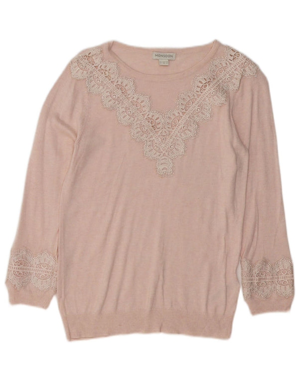 MONSOON Maglione oversize da donna con scollo a barca UK 8 Piccolo motivo cachemire rosa