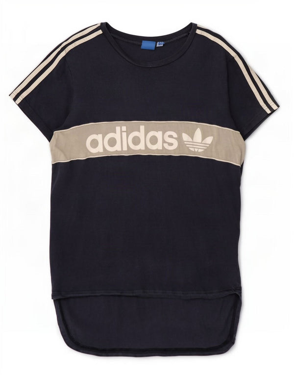 Adidas T-shirt grafica da donna Top UK 12 Medium Navy Blue Colourblock in cotone