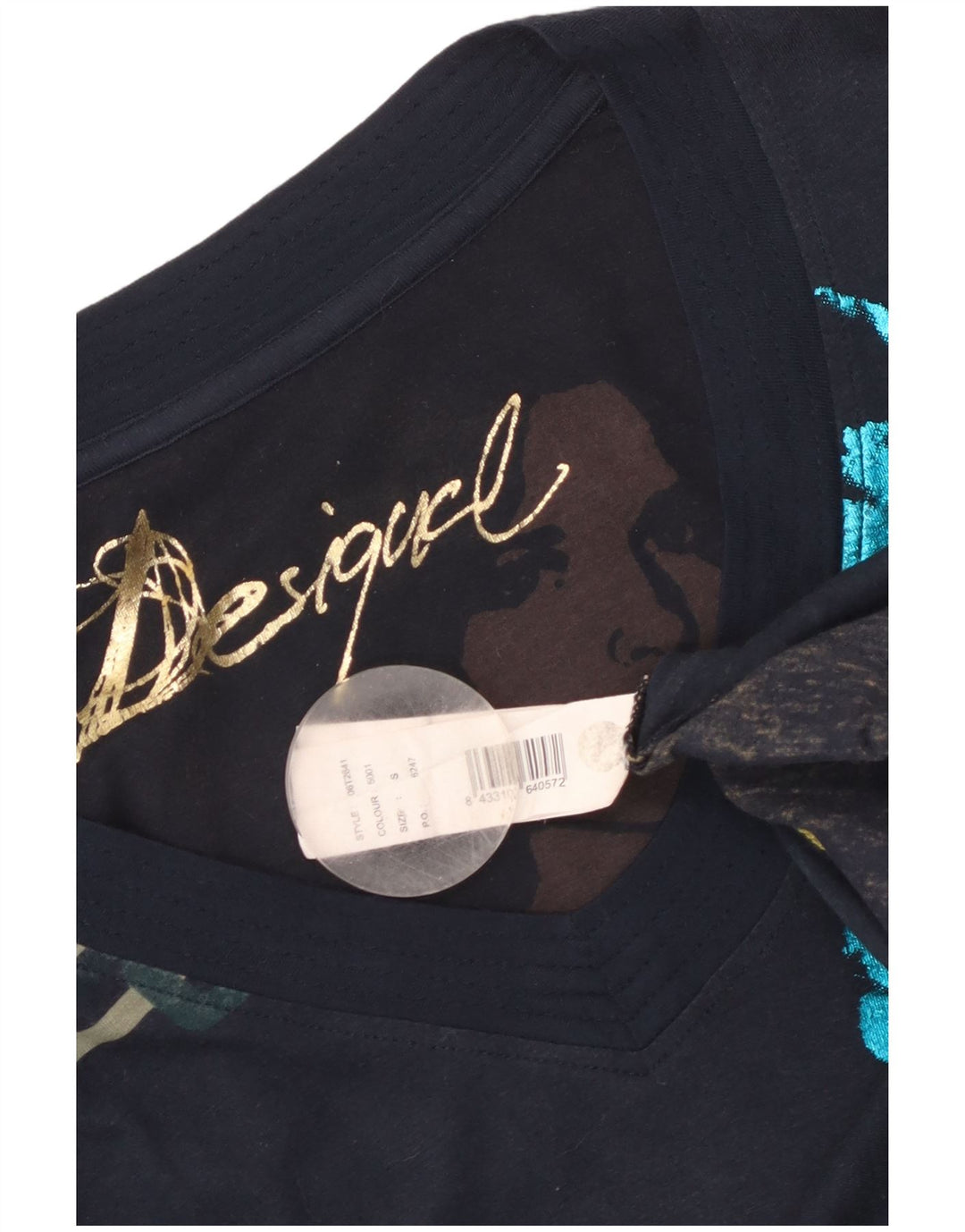 Desigual Donna Graphic Top Manica Lunga UK 10 Small Blu Navy