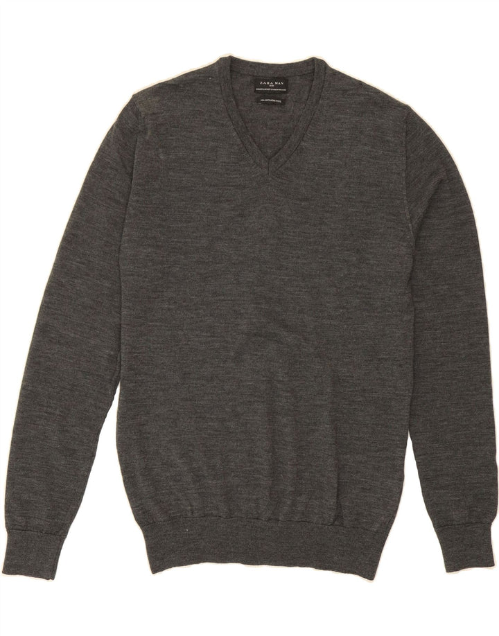 ZARA Mens V-Neck Jumper Sweater UK 14 Medium Grey Wool Vintage Zara and Second-Hand Zara from Messina Hembry 