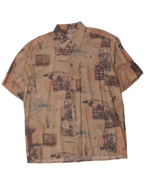 Camicia a maniche corte vintage da uomo con motivo astratto taglia 43/44 XL Beige