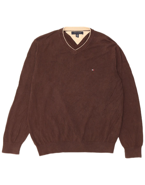 Maglione maglione con scollo a V da uomo Tommy Hilfiger grande cotone marrone