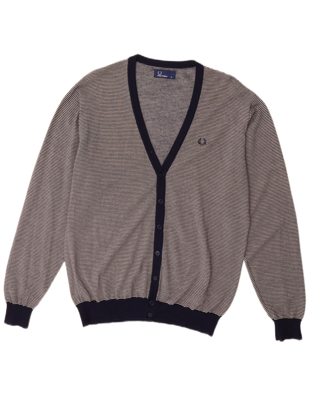 FRED PERRY Maglione cardigan da uomo XL blu navy gessato lana merino