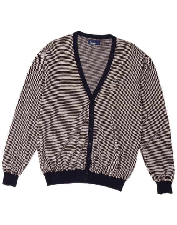 FRED PERRY Maglione cardigan da uomo XL blu navy gessato lana merino
