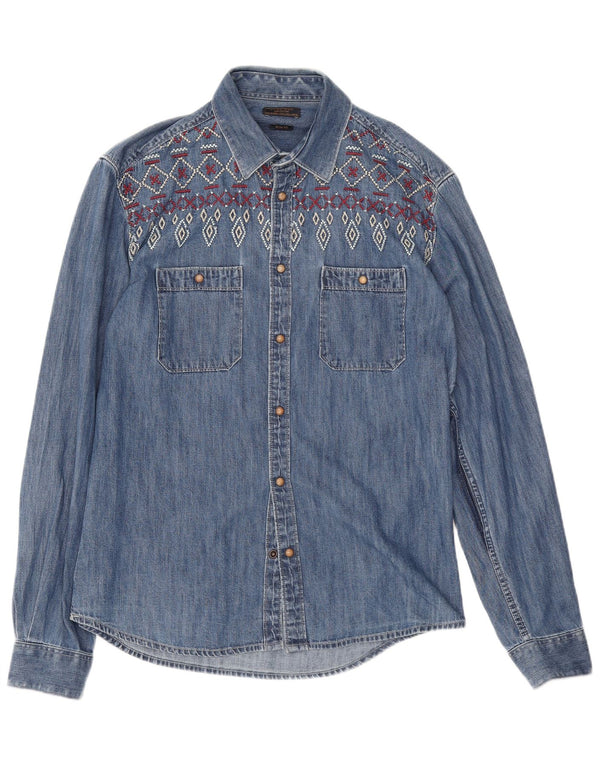 Camicia di jeans slim fit Zara da uomo, grande blu geometrica