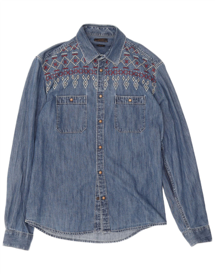 Camicia di jeans slim fit Zara da uomo, grande blu geometrica