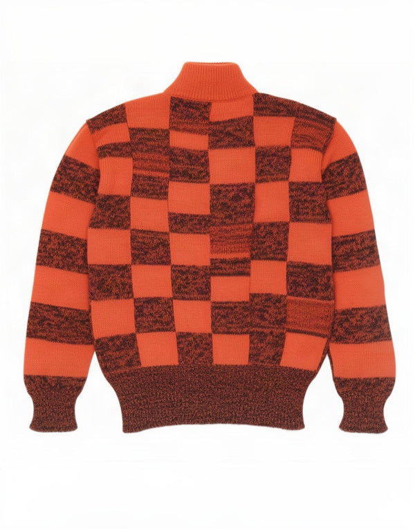 Maglione maglione vintage da donna con collo dolcevita UK 16 grande quadretto arancione