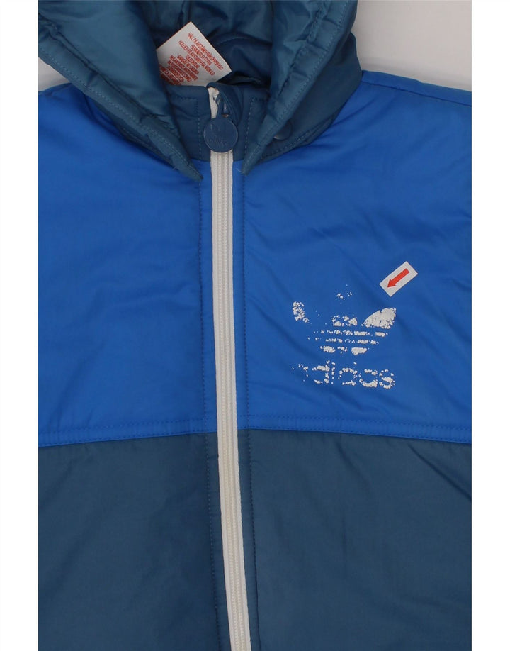 ADIDAS Boys Hooded Padded Jacket 3-4 Years Blue Colourblock Polyester Vintage Adidas and Second-Hand Adidas from Messina Hembry 