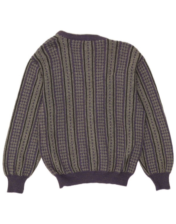Maglione cardigan vintage da uomo IT 50 lana a righe viola medio