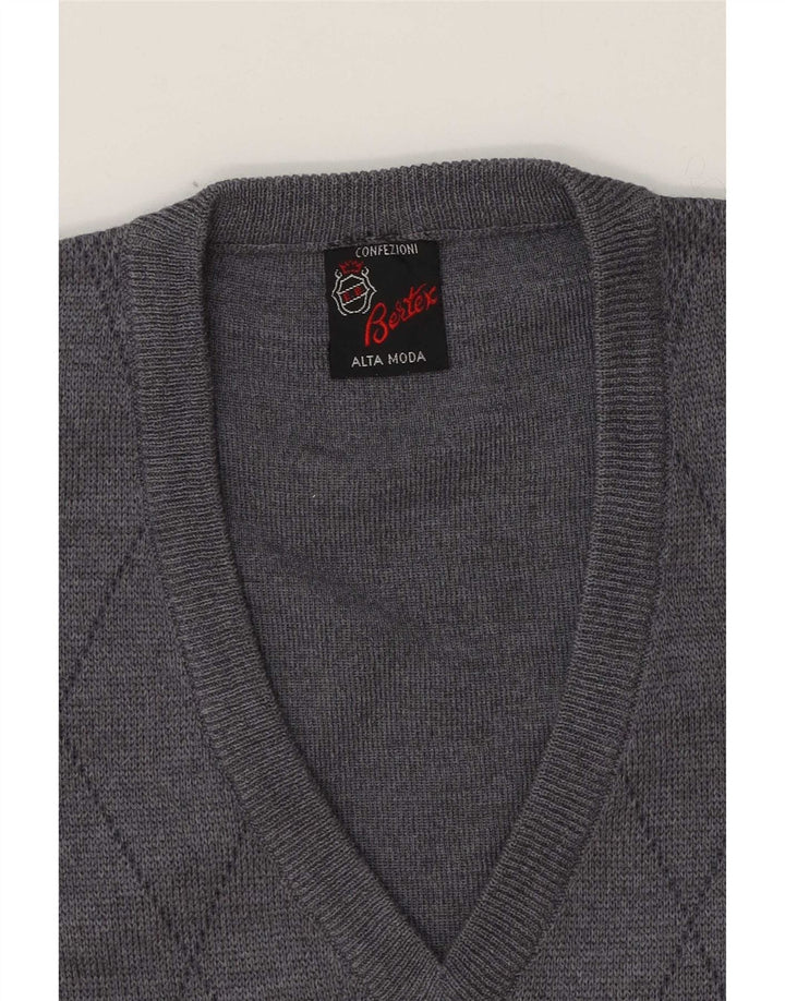 Maglione vintage da uomo con scollo a V, lana a rombi/diamante grigio medio