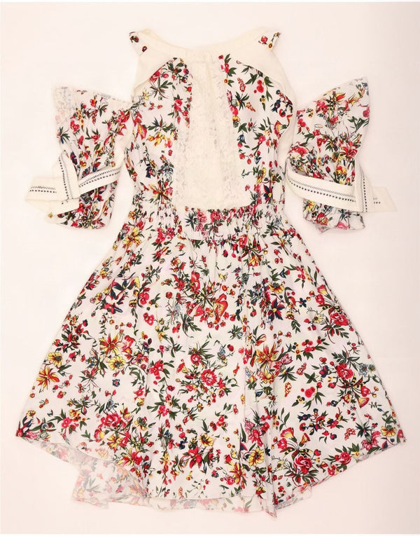 Abito asimmetrico vintage da donna con maniche a 3/4 UK 14 floreale bianco medio